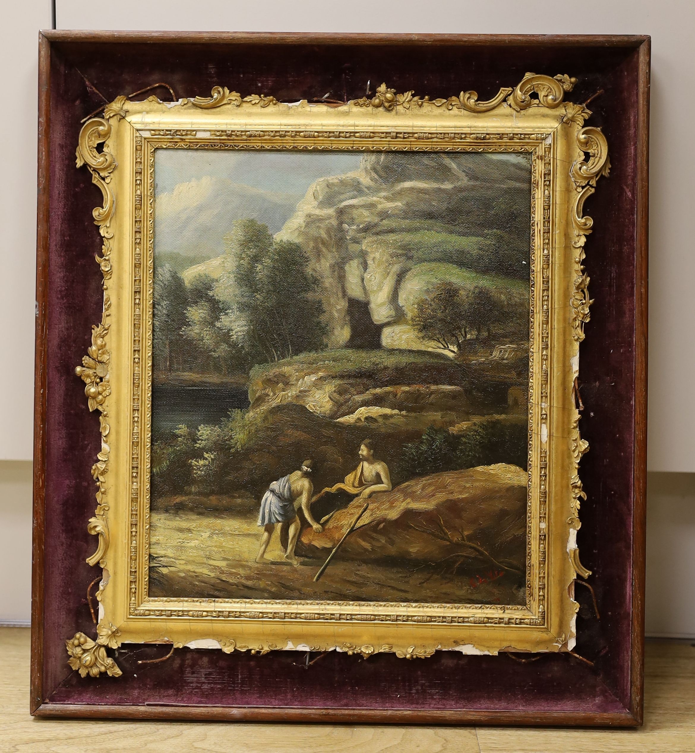 C. De Vito, oil on board, Figures in a classical landscape, signed, 30 x 25cm